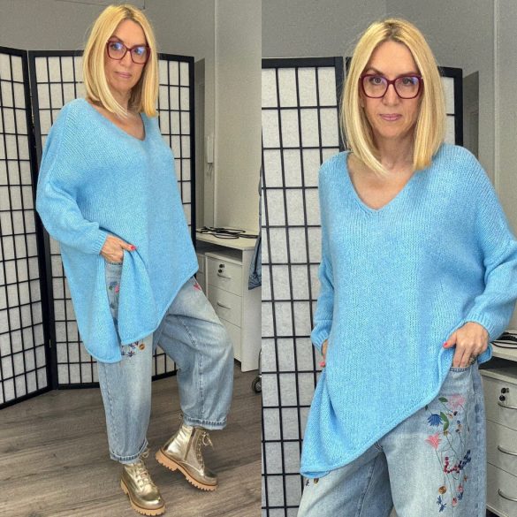 Star aszimmetrikus V kivágású kötött pulóver 1925-babakék