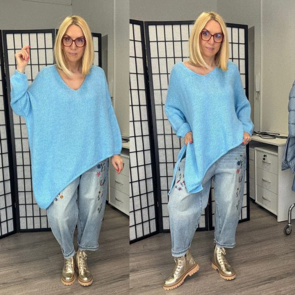 Star aszimmetrikus V kivágású kötött pulóver 1925-babakék