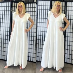 V kivágású fodros ujjú overál 28002-fehér