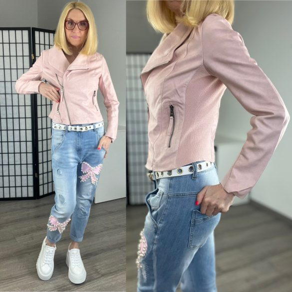 Vopse oldalán sztreccs betétes karcsúsított bőrdzsekiV6363-rózsaszín