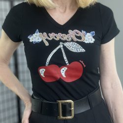 Cherry strasszos pamut póló Z980 - fekete