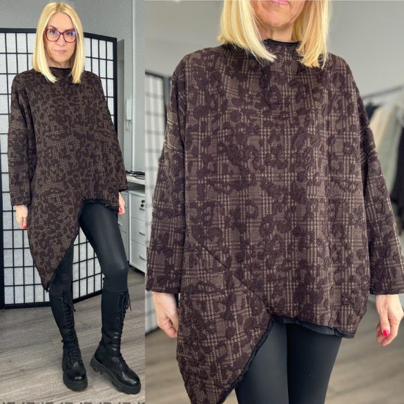 Mitica kockás hosszú ujjú aszimmetrikus tunika 8880 -csokibarna