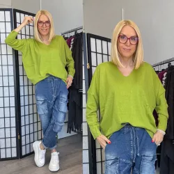   Honey winter oversize basic vékonykötött V-kivágású felső 8015-283-pisztácia zöld