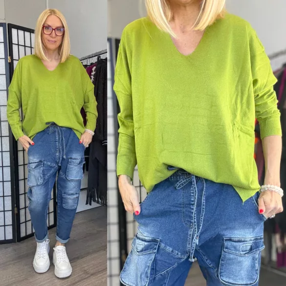 Honey winter oversize basic vékonykötött V-kivágású felső 8015-283-pisztácia zöld
