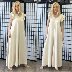 V kivágású fodros ujjú overál 28002-bézs