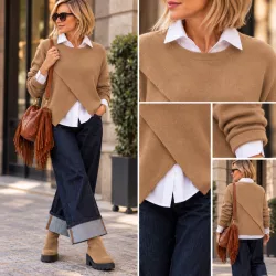   Blanka átlapolt denevérujjú kötött pulóver N7509-cappuccino
