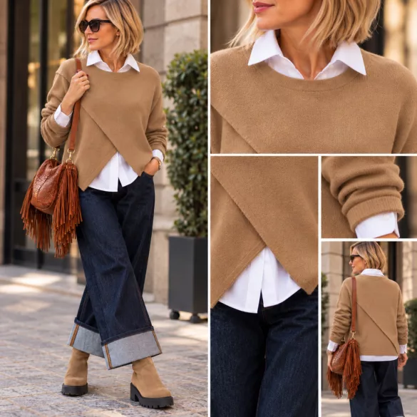 Blanka átlapolt denevérujjú kötött pulóver N7509-cappuccino