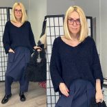 One V kivágású buklé pulver21673-sötétkék