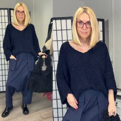 One V kivágású buklé pulver21673-sötétkék