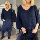 One V kivágású buklé pulver21673-sötétkék