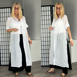 Selena rövid ujjú hosszú pamut ing B1048 - fehér