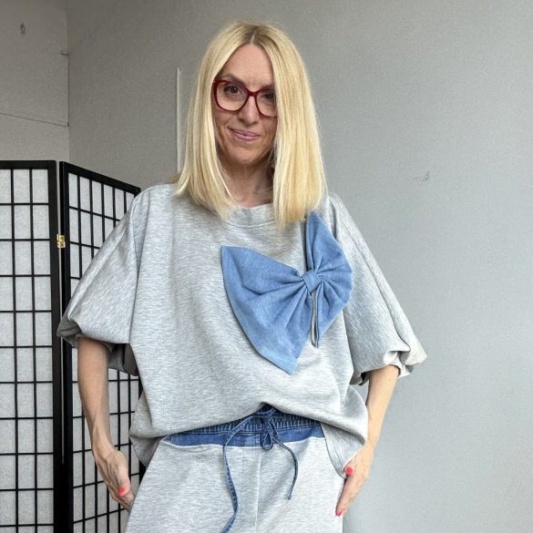 S Woman buggyos ujjú felső farmer masnival M160-szürke