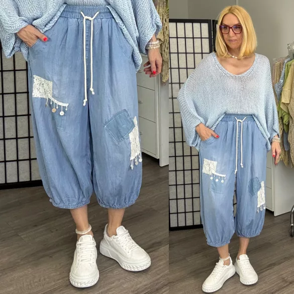 S Woman gumis derekú buggyos farmer csipkés gyöngyös dísszel SW2058-világoskék