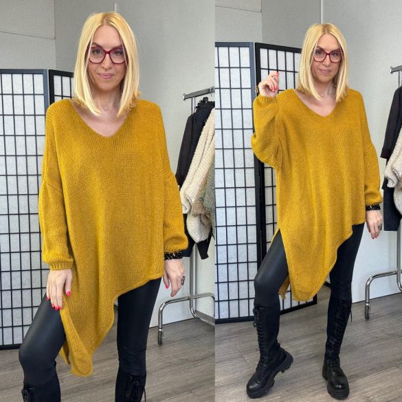 Star aszimmetrikus V kivágású kötött pulóver 1925-mustár