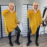 Star aszimmetrikus V kivágású kötött pulóver 1925-mustár