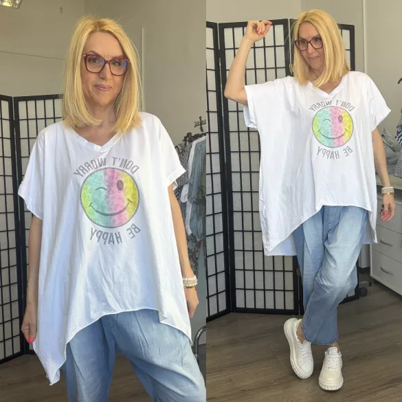 Hello Mya Be happy strasszos smile tunika 70947 - fehér