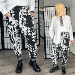   SUN tyúkláb mintás gumis derekú ülepes nadrág 6528 - fekete/fehér