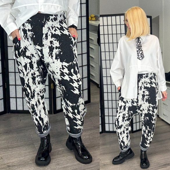 SUN tyúkláb mintás gumis derekú ülepes nadrág 6528 - fekete/fehér