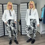 SUN tyúkláb mintás gumis derekú ülepes nadrág 6528 - fekete/fehér