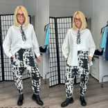 SUN tyúkláb mintás gumis derekú ülepes nadrág 6528 - fekete/fehér