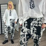 SUN tyúkláb mintás gumis derekú ülepes nadrág 6528 - fekete/fehér