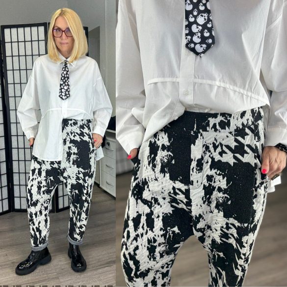 SUN tyúkláb mintás gumis derekú ülepes nadrág 6528 - fekete/fehér