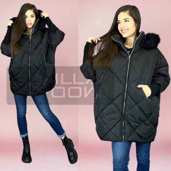 Seville denevér ujjú műszőrmés kapucnis kabát 2389-e - fekete