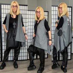 Vintage ülepes bőrnadrág + mellény9013-fekete/szürke