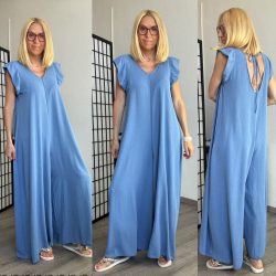 V kivágású fodros ujjú overál 28002-kék