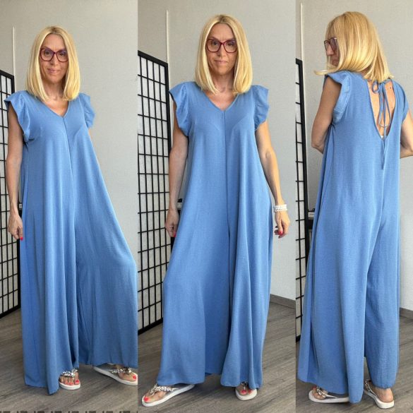 V kivágású fodros ujjú overál 28002-kék