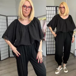 MúMú V nyakú csipkés ujjú len-pamut felső6993-fekete