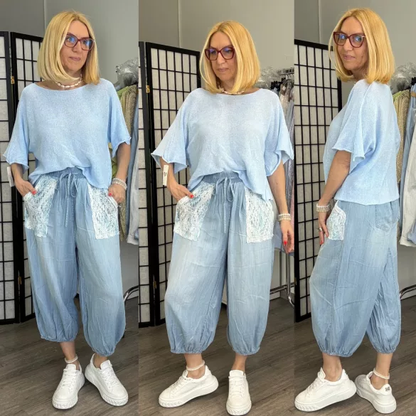 S Woman gumis derekú buggyos farmer csipkés zsebbel SW5063-világoskék