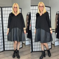   Mitica rózsás 3/4-es ujjú  bőrbetétes ruha 8883 - fekete