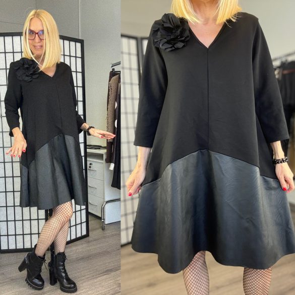 Mitica rózsás 3/4-es ujjú  bőrbetétes ruha 8883 - fekete