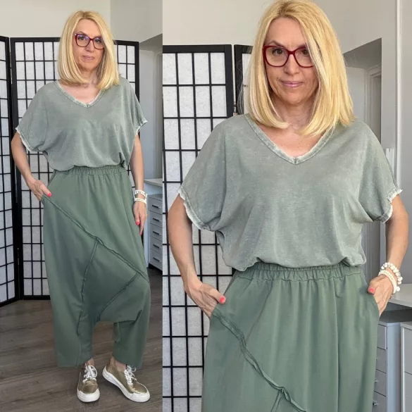 Stella V nyakú bordás pamut póló 24263 - khaki