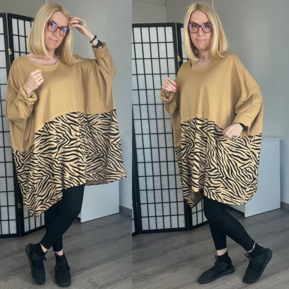Lory hosszú ujjú zebra mintás tunika 70261 - camel