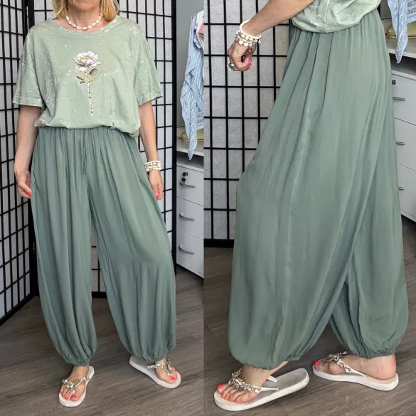 Aisa gumis derekú buggyos viszkóz nadrág-khaki