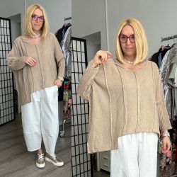   Abril kötött, horgolt aszimmetrikus laza női felső 24106 cappuccino