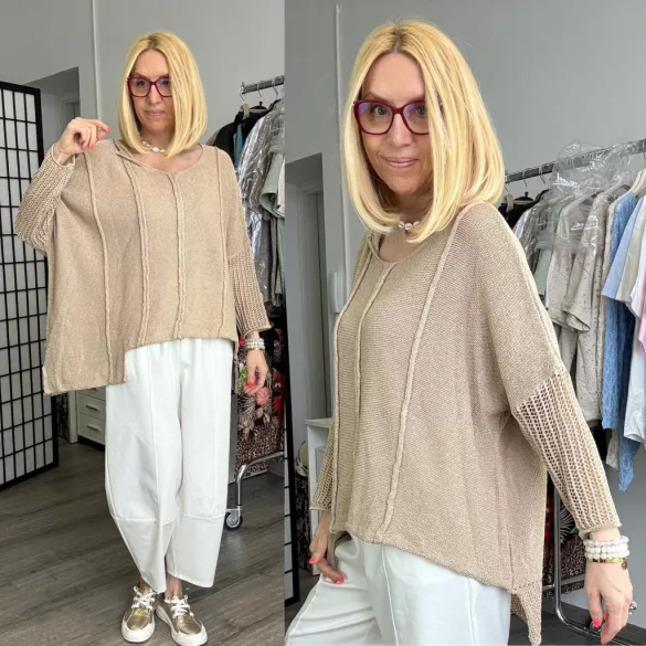 Abril kötött, horgolt aszimmetrikus laza női felső 24106 cappuccino