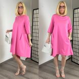 Vintage hátán pliszírozott zsebes ruha2819-rózsaszín