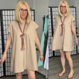 Zella ejtett vállú vásznon ruha 02835 - bézs