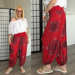  Mandala Ankara gumis derekú vékony viszkóz laza nadrág- piros