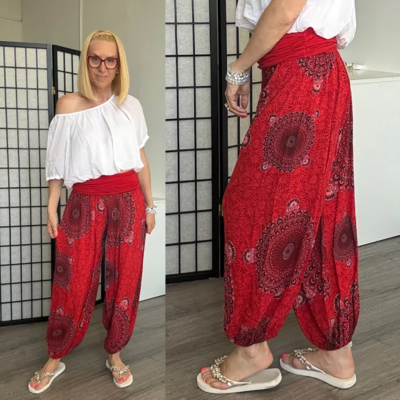 Mandala Ankara gumis derekú vékony viszkóz laza nadrág- piros