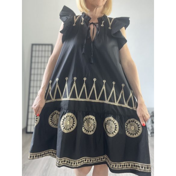 De Royal arany mintás fodros ruha DR3071- fekete