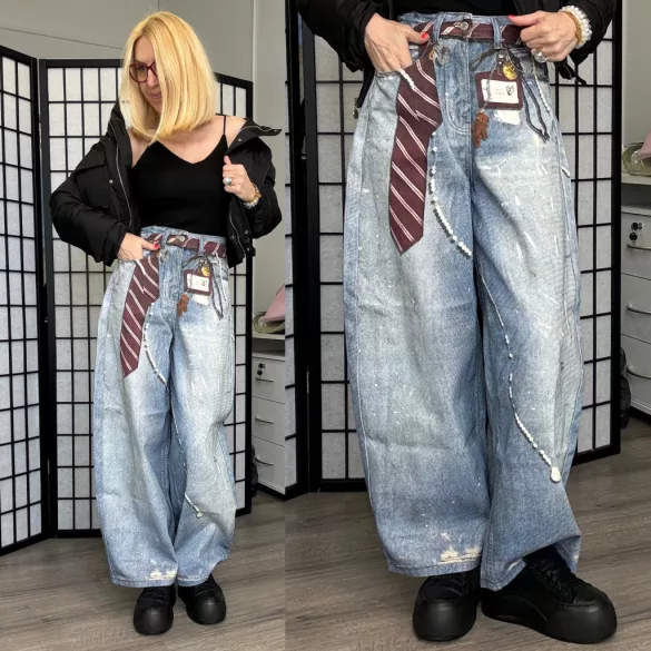 Meet To You nyakkendő mintás ballon farmer MI2606-kék