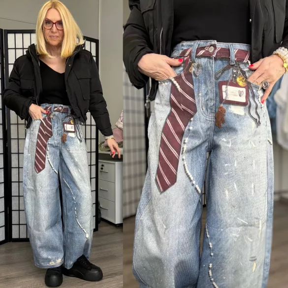 Meet To You nyakkendő mintás ballon farmer MI2606-kék