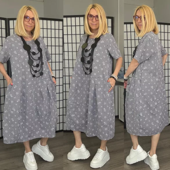 158C kockás virágos hagyma ruha 57047 - fekete fehér