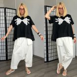 158C csipkés lefelé bővülő pamut póló, alul vászonnal 56032 - fekete