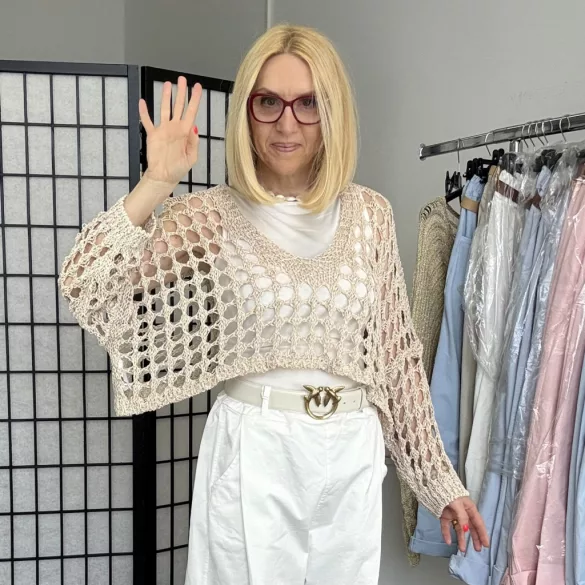 Anda V nyakú crop,lurex szálas kötött felső 73017-bézs