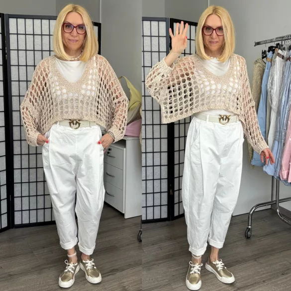Anda V nyakú crop,lurex szálas kötött felső 73017-bézs